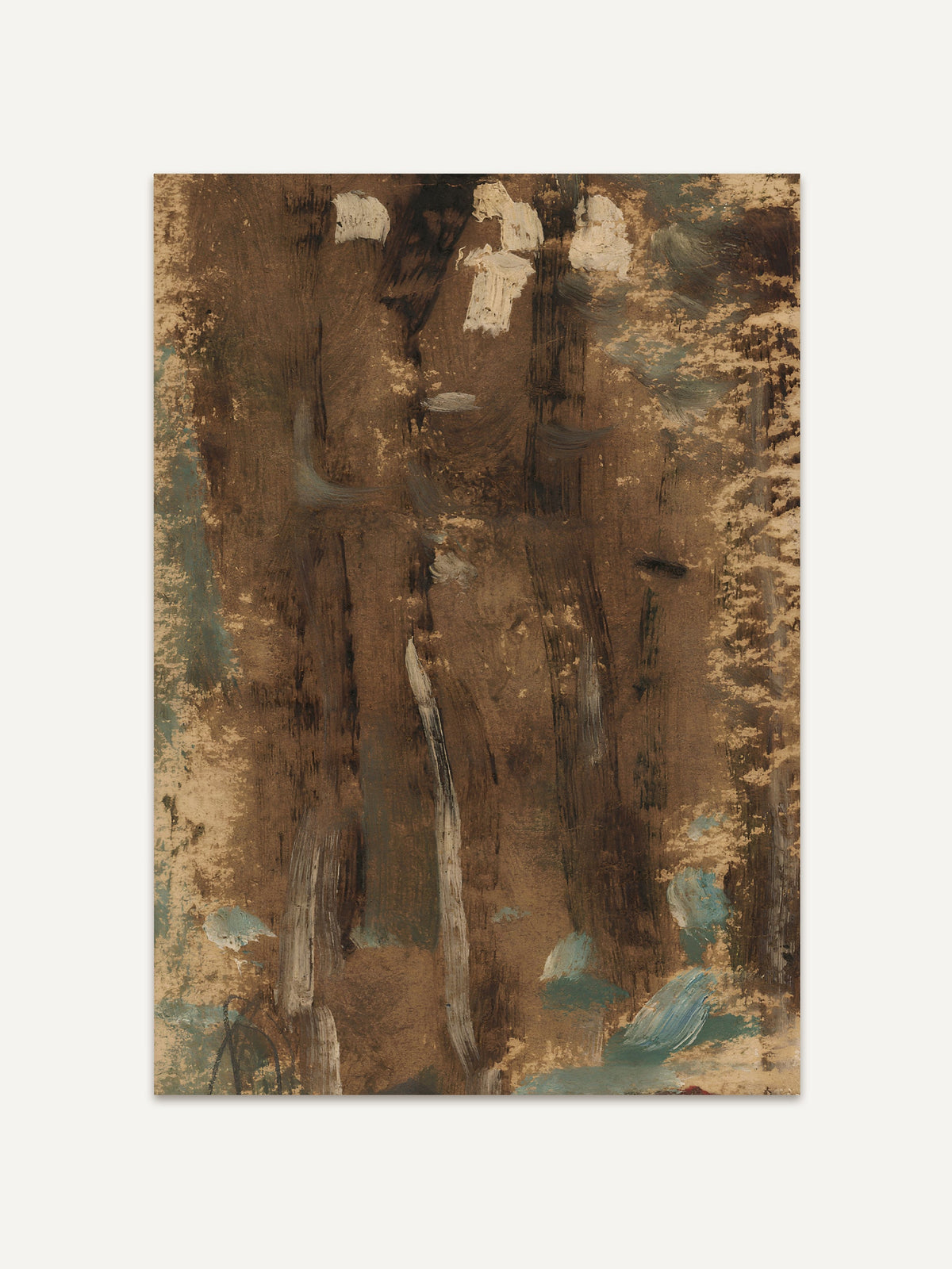 Abstraktes Kunstposter in erdigen Brauntönen mit Akzenten in Türkis und Beige, die vage Baumformen und Texturen andeuten. #Rahmen_Ohne Rahmen