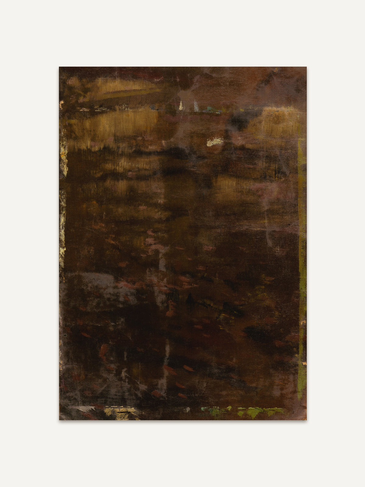 Dunkles abstraktes Kunstwerk mit erdigen Braun- und Ockertönen, durchzogen von subtilen Gold- und Grüntönen. Der moody Stil erzeugt eine geheimnisvolle, tiefe Atmosphäre, die an nebelige Waldlandschaften erinnert. Perfekt für minimalistische oder rustikale Interieurs. #Rahmen_Ohne Rahmen