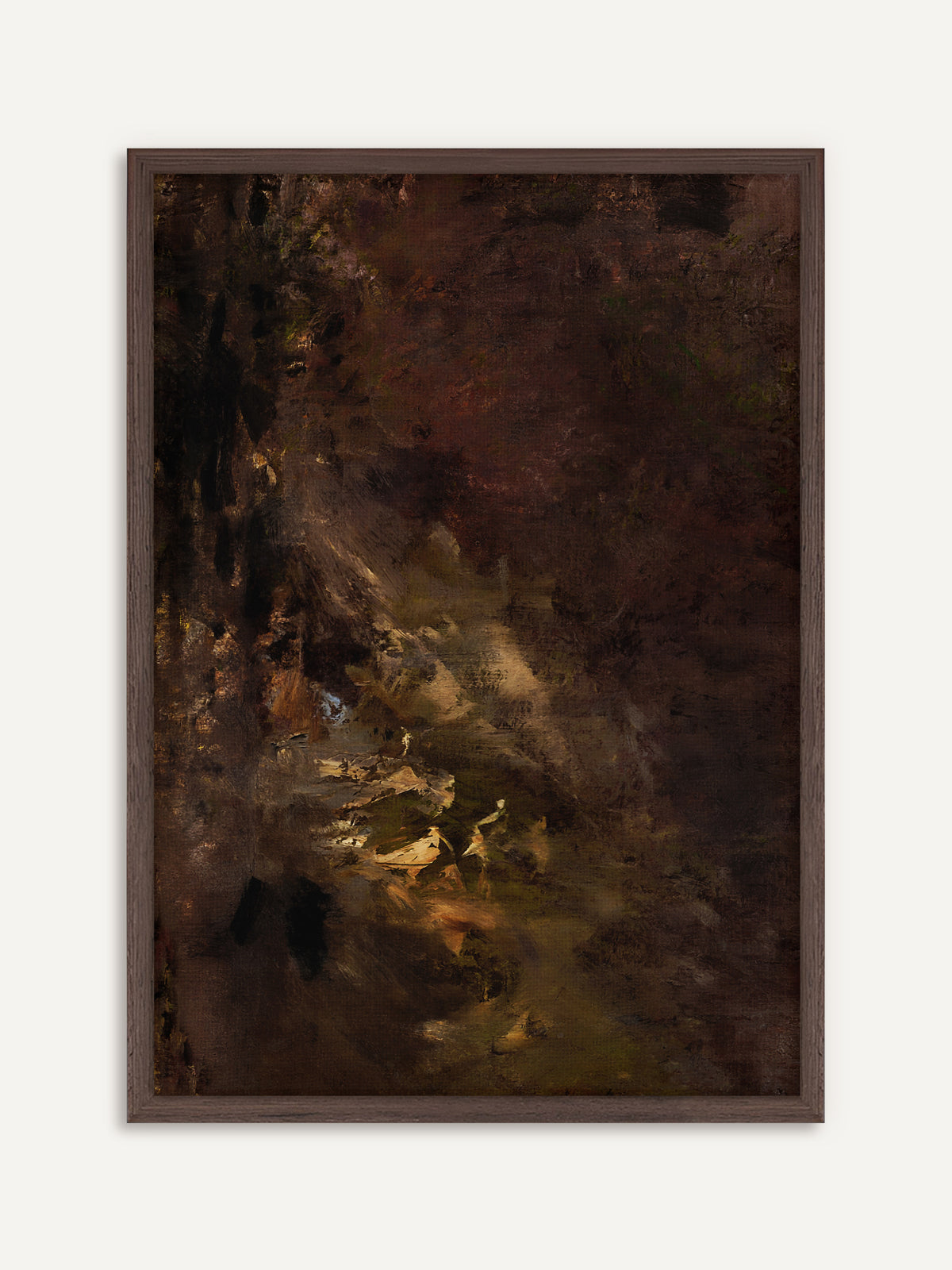 Poster, das dunkles Braun und Rotbraun mit einer goldbraun aufleuchtenden Stelle in der Bildmitte zeigt, die an Licht in einer abendlichen Landschaft erinnert. Der Rahmen aus dunklem Holz verstärkt die Dark-Academia-Stimmung der tiefen Brauntöne. #Rahmen_Dunkles Holz