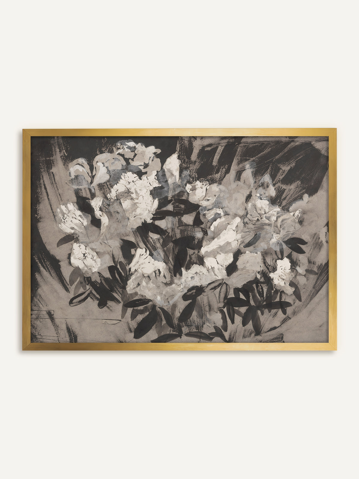 Wandbild, das einen üppigen Strauß weißer Pfingstrosen mit schwarzen Blättern in grober Tuschemalerei vor grauem und schwarzem Hintergrund zeigt. Im goldenen Rahmen wirkt das Vintage-Blumenbild wärmer und festlicher. #Rahmen_Gold
