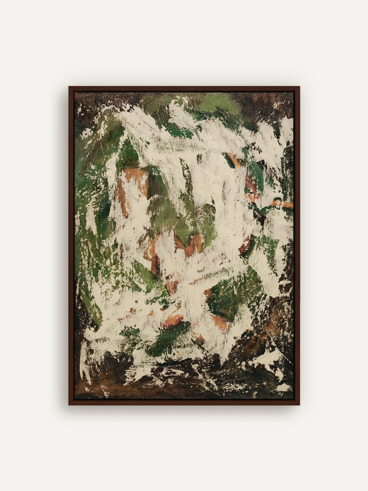 Abstraktes Leinwandbild mit breiten Pinselzügen in Creme, Moosgrün und Ocker auf dunkelbraunem Grund im Schattenfugenrahmen in Braun. Wabi Sabi Wandbild nach Alfred Henry Maurer. #Rahmen_Braun
