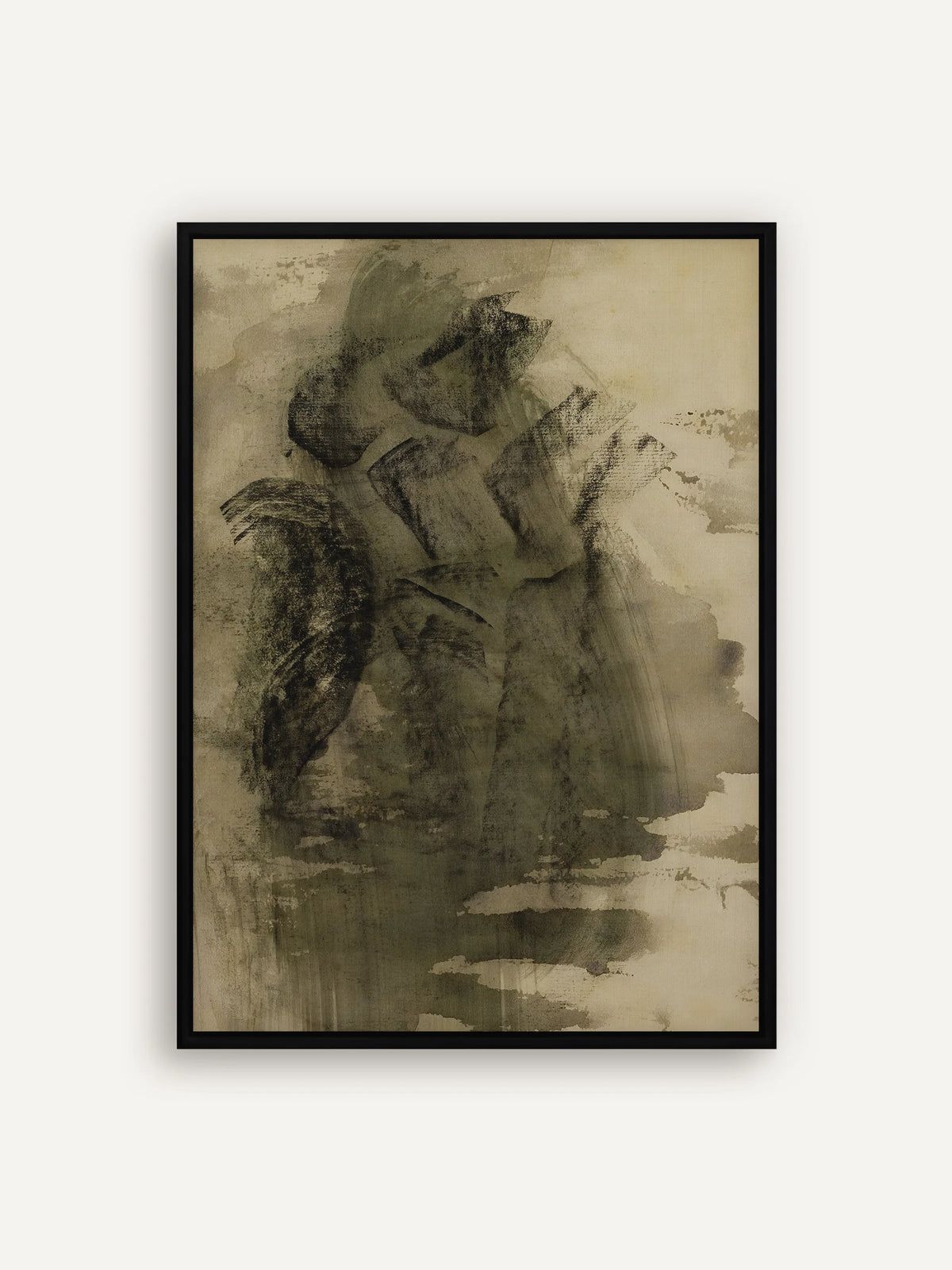 Abstraktes Leinwandbild mit dunklen, kreidigen Pinselspuren in Oliv und Schwarz auf hellem Sandton im Schattenfugenrahmen in Schwarz. Wabi Sabi Wandbild nach Carel Adolph Lion Cachet. #Rahmen_Schwarz