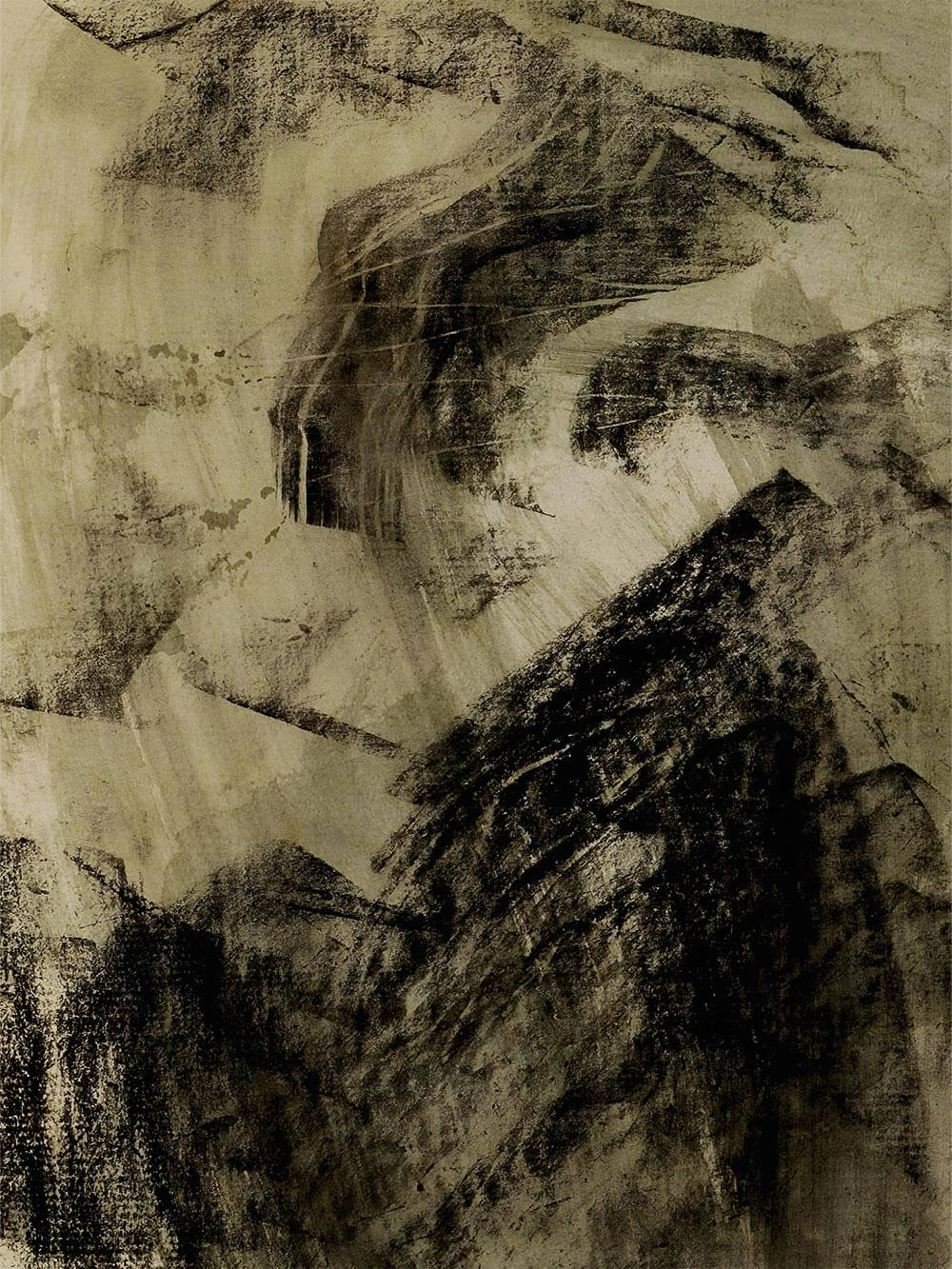 Nahaufnahme des Kunstdrucks mit kräftigen, schwarzen Texturen auf einem strukturierten Papier in Olive und Sepia. Die Tiefenwirkung betont die künstlerische Handschrift.
