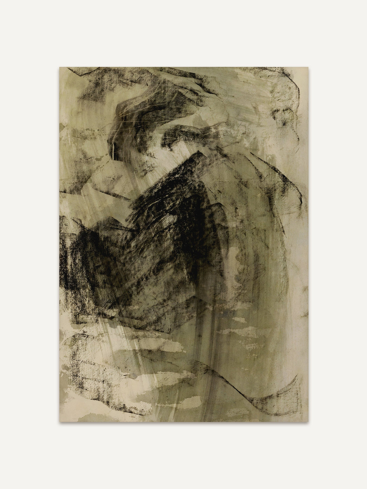 Abstrakter Wabi-Sabi Kunstdruck auf strukturiertem Papier mit dunklen Pinselschichten in erdigen Grün- und Schwarznuancen. Der Druck erinnert an japanische Tuschmalerei. #Rahmen_Ohne Rahmen