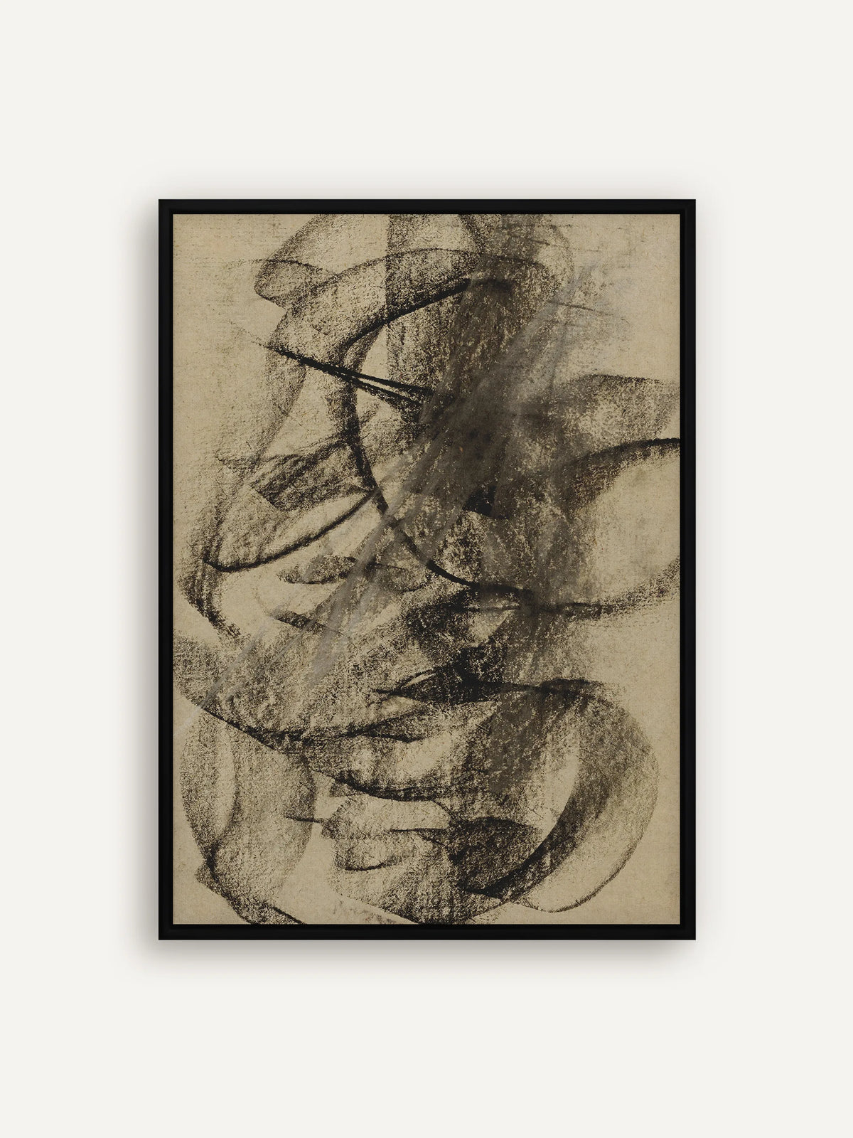 Abstraktes Leinwandbild mit schwungvollen schwarzen Kreidelinien auf warmem Sepiagrund im Schattenfugenrahmen in Schwarz. Wabi Sabi Wandbild nach Carel Adolph Lion Cachet. #Rahmen_Schwarz