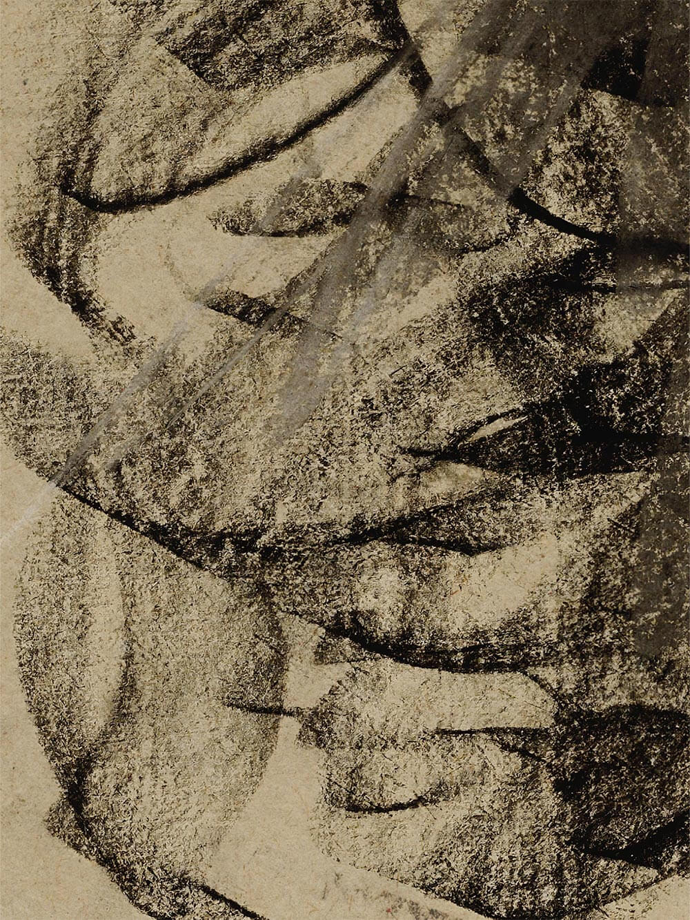 Nahaufnahme des Kunstdrucks mit sichtbarer Struktur des Papiers und markanter Kohlezeichnung. Die grobkörnige Oberfläche betont die handgemachte Ästhetik.