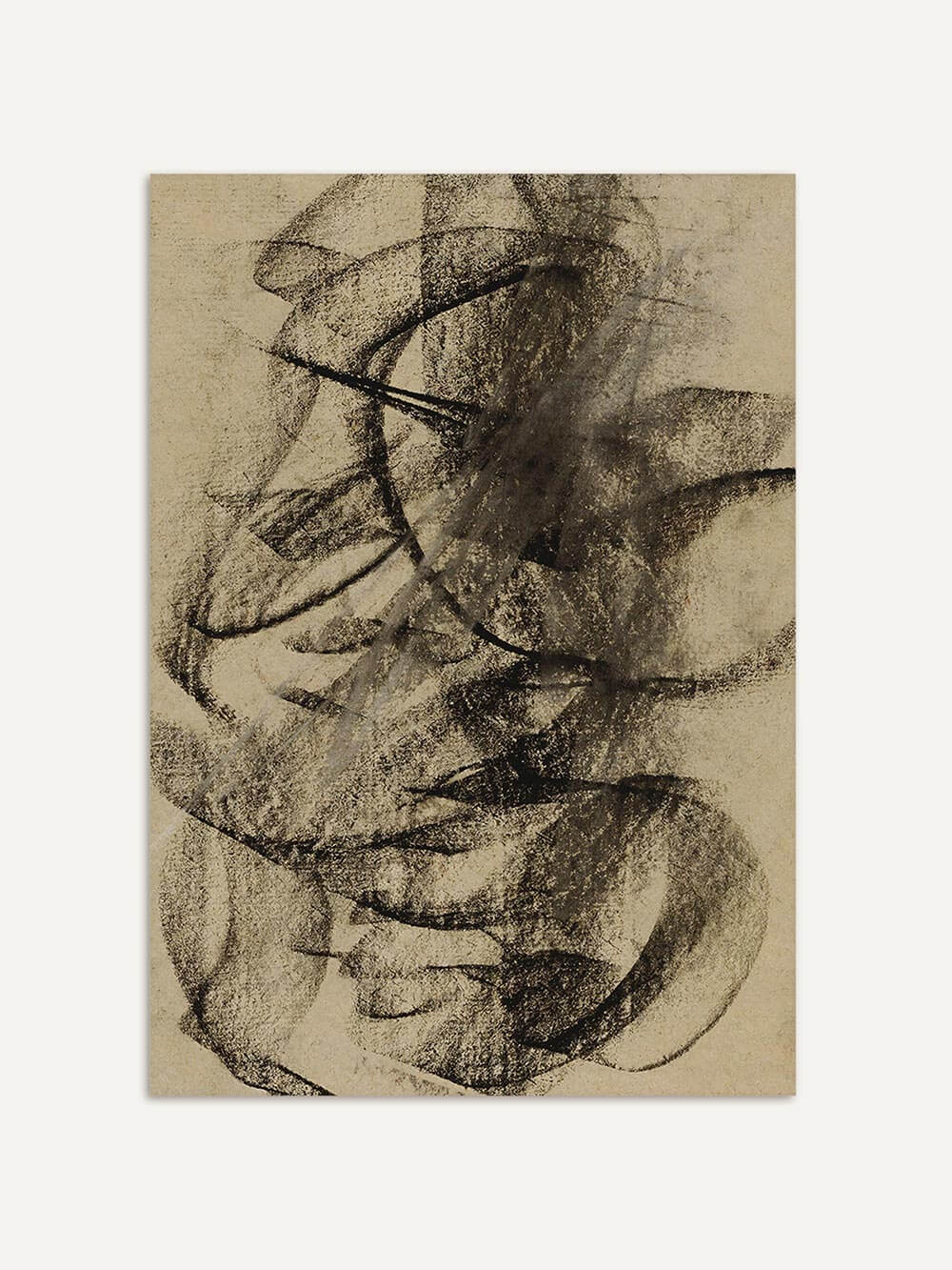 Abstrakter Wabi-Sabi Kunstdruck mit skizzenhaften, schwarzen Linien auf beigefarbenem Hintergrund. Die schwungvolle Komposition wirkt handgemacht und strahlt eine ruhige, moderne Ästhetik aus.