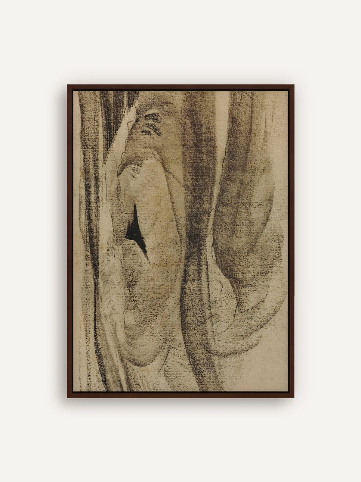 Abstraktes Leinwandbild mit weichen Kreideflächen in Sepia und Braun, feinen Konturlinien und einem schwarzen Akzent im Schattenfugenrahmen in Braun. Wabi Sabi Wandbild nach Carel Adolph Lion Cachet. #Rahmen_Braun