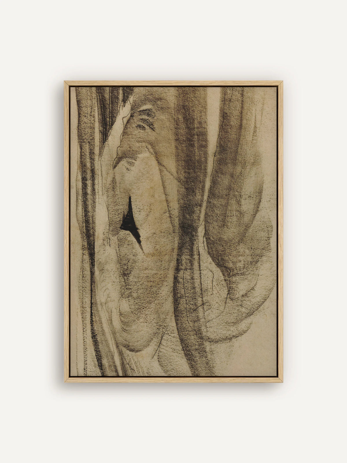 Abstraktes Leinwandbild mit weichen Kreideflächen in Sepia und Braun, feinen Konturlinien und einem schwarzen Akzent im Schattenfugenrahmen in Natur. Wabi Sabi Wandbild nach Carel Adolph Lion Cachet. #Rahmen_Natur
