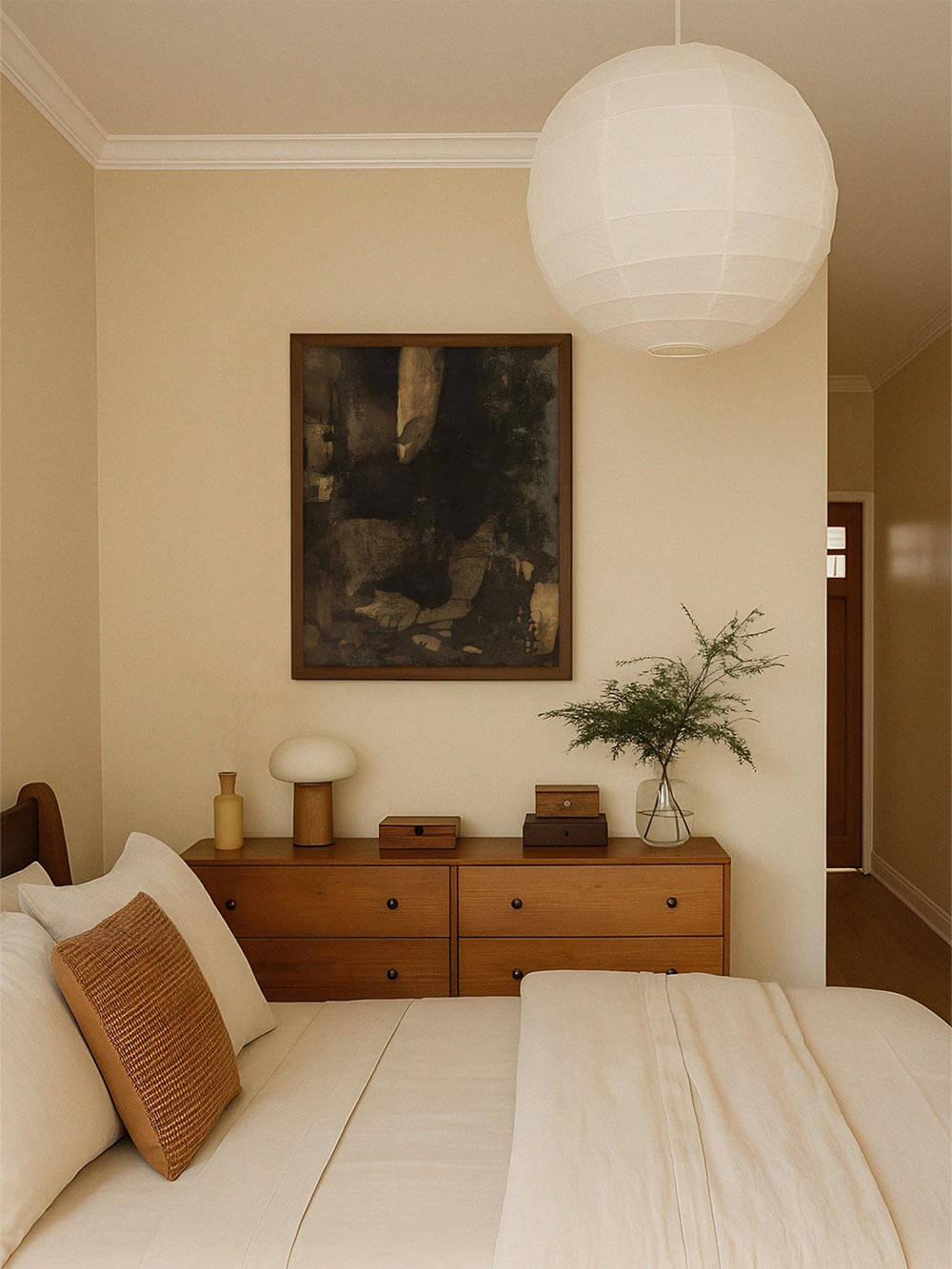 Dunkler abstrakter Kunstdruck über einer Holzkommode in einem hellen, ruhigen Schlafzimmer mit natürlichen Materialien. Das Wandbild setzt einen warmen, erdigen Akzent und ergänzt minimalistische Einrichtung mit Wabi-Sabi Ästhetik.