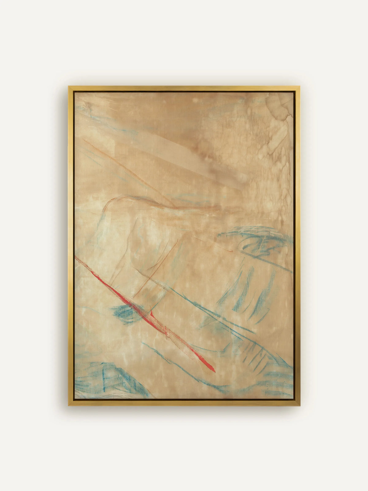 Abstraktes Leinwandbild in warmen Sand- und Beigetönen mit feinen Linien in Azurblau und einem ziegelroten Strich im Schattenfugenrahmen in Gold. Japandi Wandbild nach Edvard Munch. #Rahmen_Gold