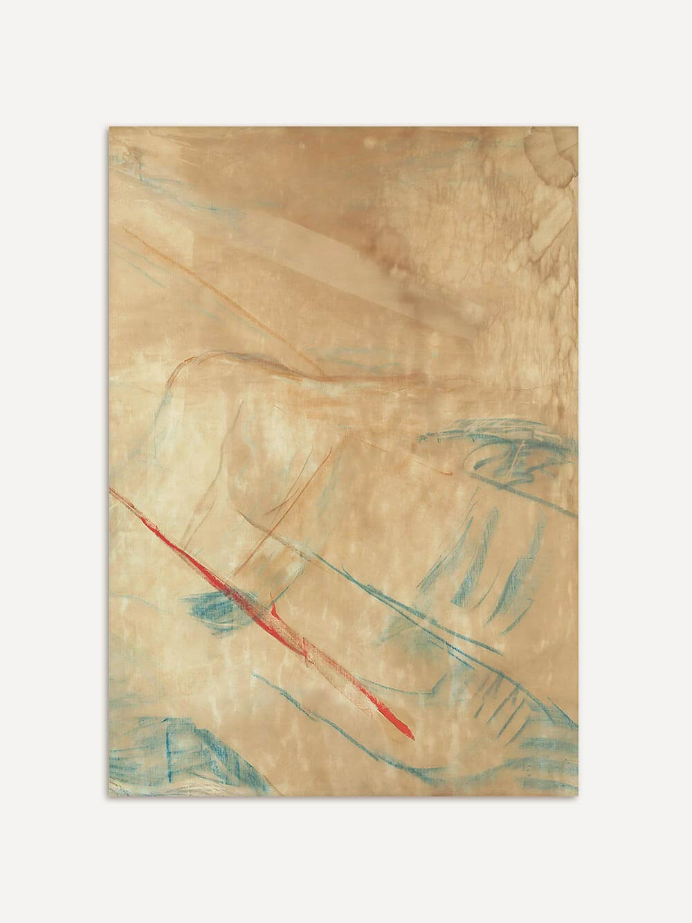 Abstrakter Kunstdruck mit weichen Farbübergängen in Beige, Creme und dezenten Blau- und Rotakzenten auf hellem Hintergrund. Das reduzierte Motiv wirkt ruhig und zeitlos und passt als Poster oder Wandbild perfekt zu Japandi- und Wabi-Sabi-Interieurs.