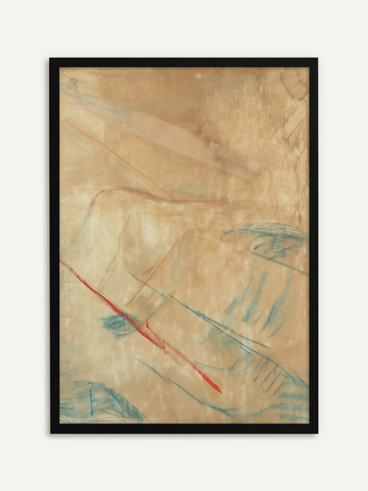 Gerahmtes Poster, das zarte Linien in Türkisblau und Rostbraun mit einem kräftigen roten Strich auf sandfarbenem, wolkig lasiertem Grund zeigt. Mit schwarzem Rahmen wirkt das Wabi-Sabi Motiv grafisch und klar. #Rahmen_Schwarz