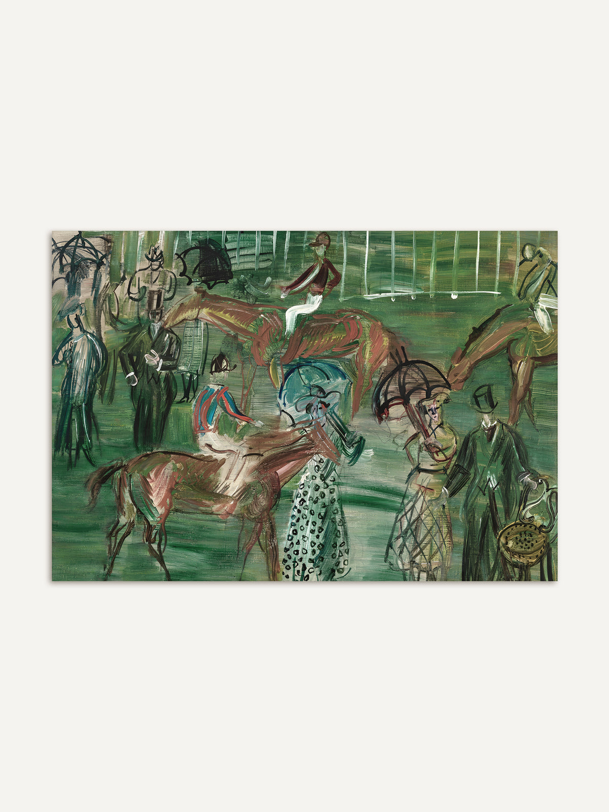 Vintage Kunstdruck mit Pferderennen im Querformat auf hellem Grund. Jockeys auf rotbraunen Pferden, Herren mit Zylinder und Damen unter Schirmen sind in lockeren Strichen auf sattem Grün gemalt. #Rahmen_Ohne Rahmen