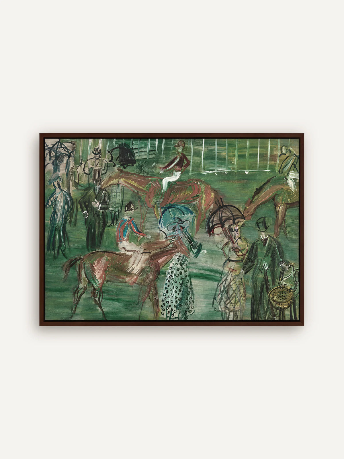 Vintage Pferderennen als Leinwandbild im dunkelbraunen Schattenfugenrahmen. Auf sattgrünem Grund stehen Pferde, Jockeys in farbigen Jacken und elegant gekleidete Zuschauer unter Schirmen. #Rahmen_Braun