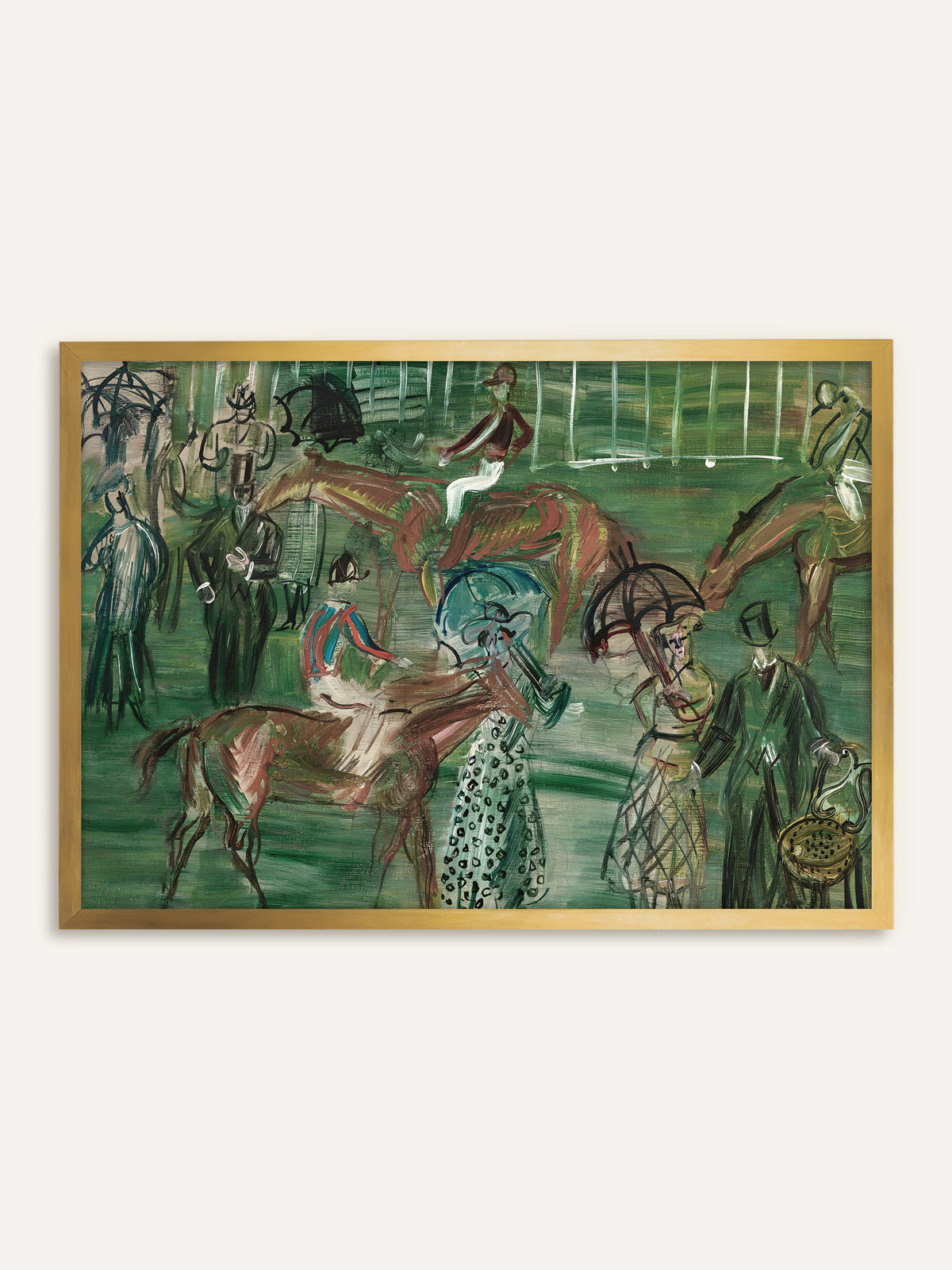 Wandbild mit Jockeys und Zuschauern an der Rennbahn im goldenen Rahmen. Der Goldrahmen unterstreicht die festliche Stimmung des Renntags auf grünem Grund. #Rahmen_Gold
