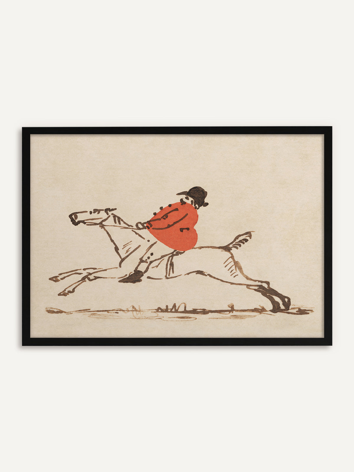 Gerahmtes Poster mit Pferd und Reiter im schwarzen Rahmen. Die schwarze Leiste bildet einen klaren Kontrast zum hellen Grund und betont die grafischen Linien. #Rahmen_Schwarz
