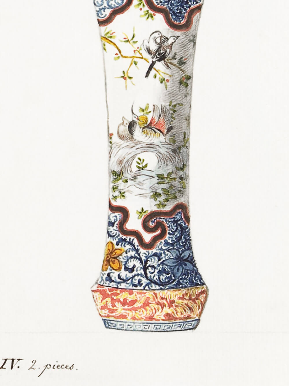Detailansicht eines Chinoiserie-Kunstdrucks mit einer reich verzierten Vase. Dargestellt sind filigrane Vogelmotive auf blühenden Ästen, umrahmt von dekorativen Mustern in Blau, Rot und Gold. Fein ausgearbeitete Details verleihen dem Druck einen eleganten, antiken Look.