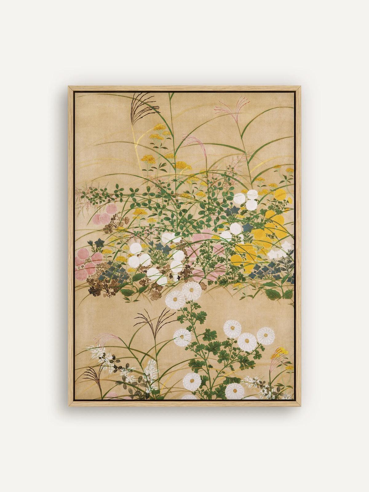 Leinwandbild mit weißen Chrysanthemen, rosa und gelben Blüten und feinen Gräsern auf warmem Beige im Schattenfugenrahmen in Natur. Chinoiserie Wandbild nach Ogata Korin. #Rahmen_Natur
