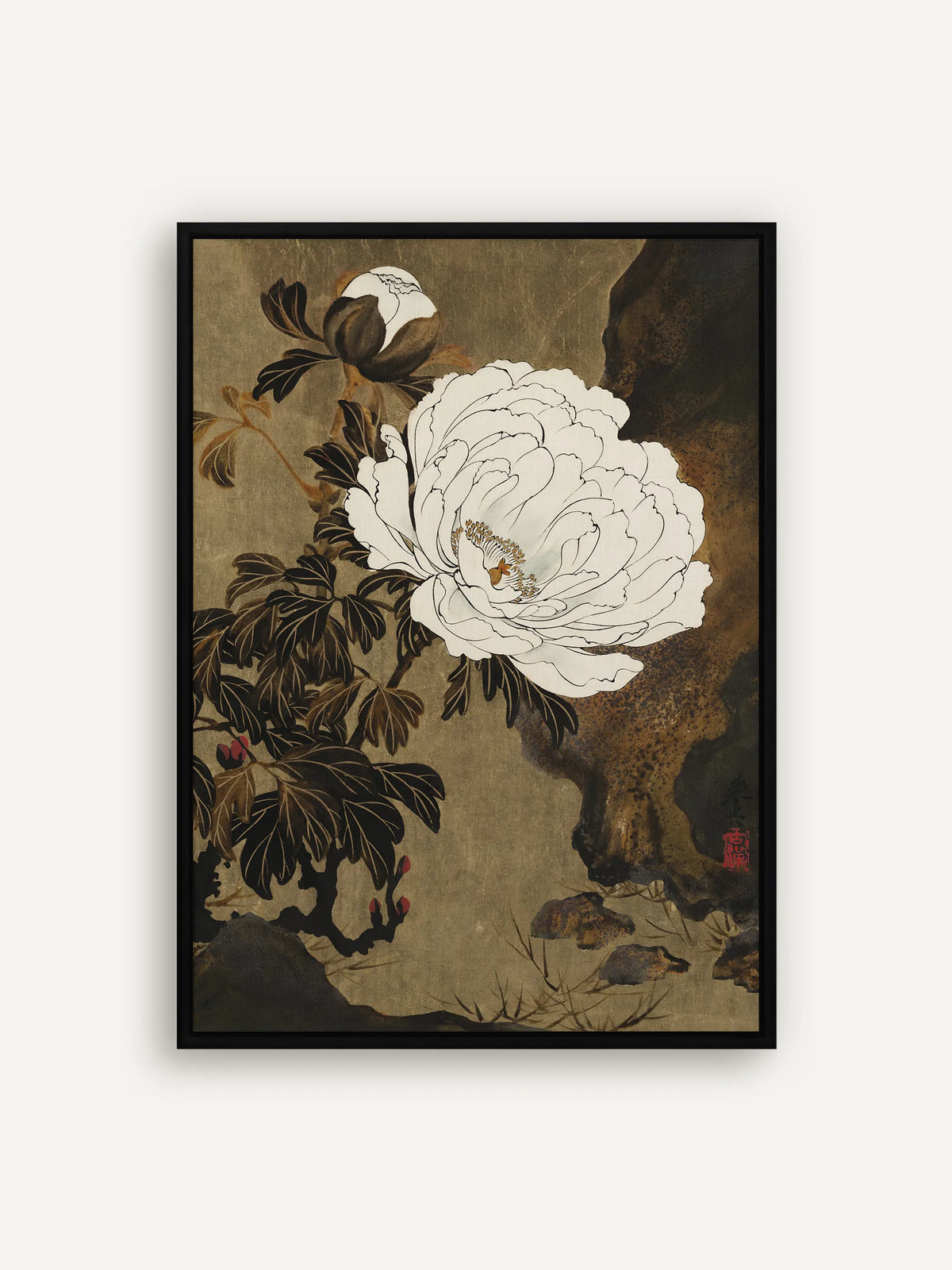 Leinwandbild mit weißer Pfingstrose, goldenen Staubgefäßen und dunklem Laub vor olivgoldenem Grund im schwarzen Schattenfugenrahmen. Japandi Wandbild nach Shibata Zeshin. #Rahmen_Schwarz