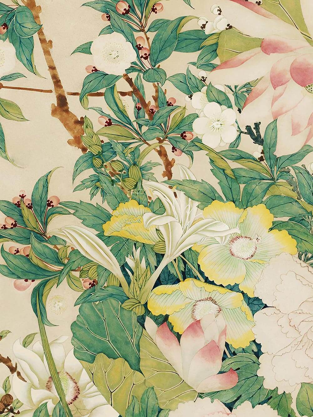 Detailansicht des floralen Kunstdrucks im Chinoiserie-Stil mit weißen und gelben Blüten, grünen Blättern und feiner Linienführung. Die Textur des Drucks ist gut sichtbar.