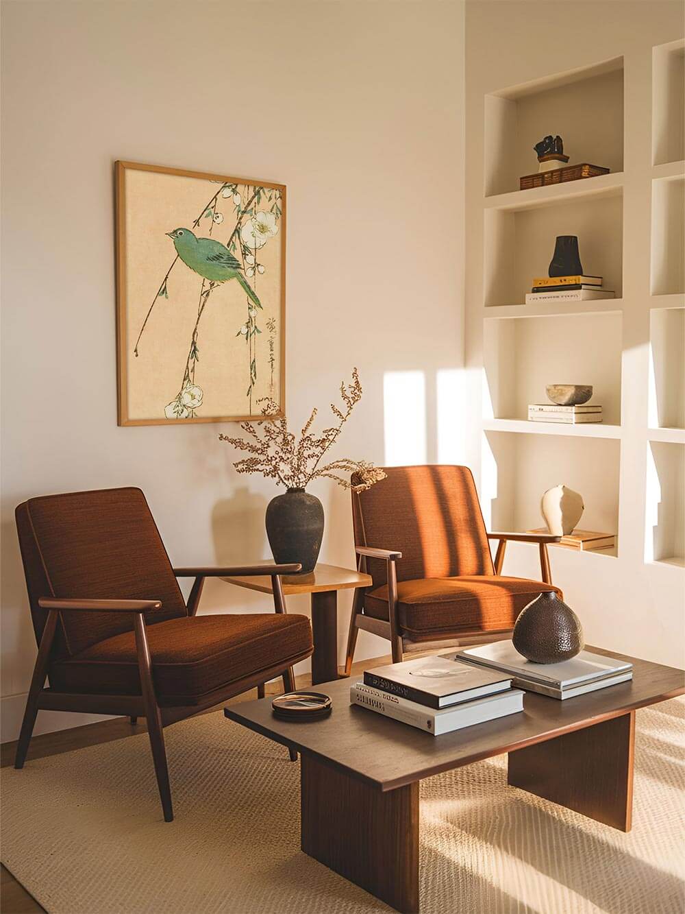 Vintage Kunstdruck eines grünen Vogels mit weißen Blüten hängt an einer hellen Wand. Das florale Wandbild verleiht der gemütlichen Sitzecke eine stimmungsvolle Atmosphäre.
