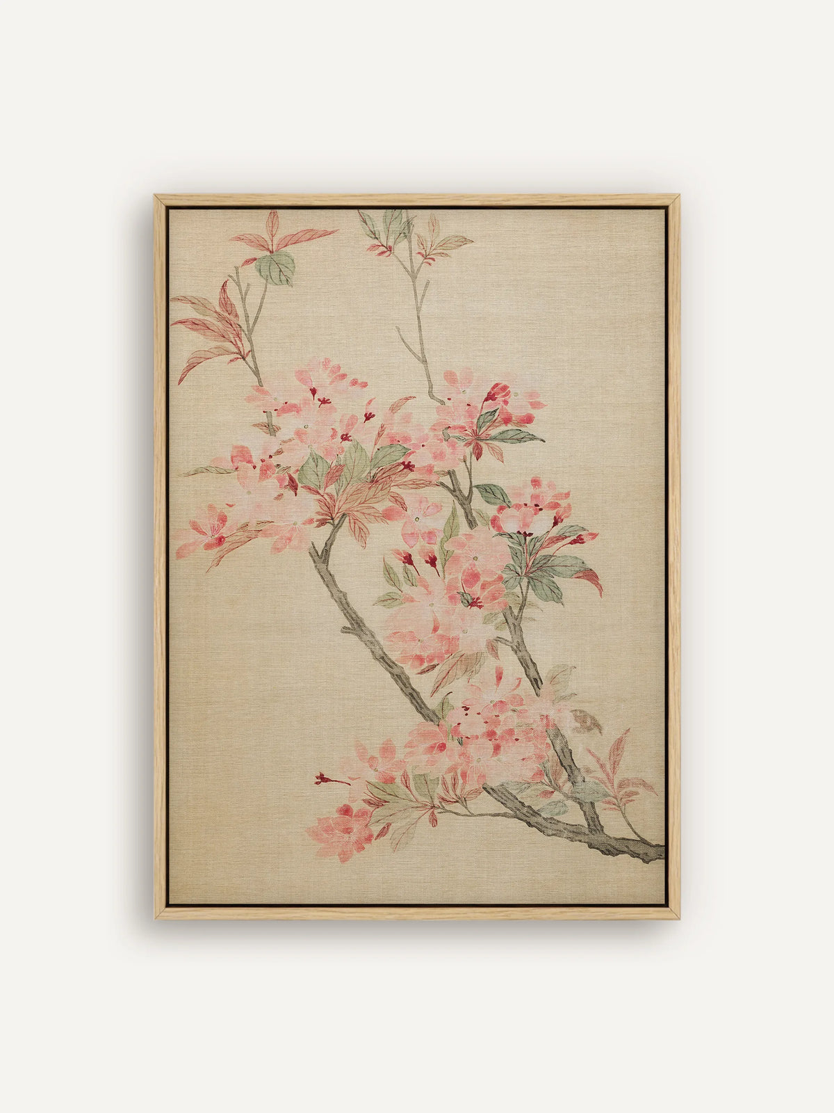 Leinwandbild mit zartrosa Kirschblüten, roten Knospen und salbeigrünen Blättern an einem dunklen Zweig auf warmem Beige im Schattenfugenrahmen in Natur. Chinoiserie Wandbild nach Ma Yuanyu. #Rahmen_Natur