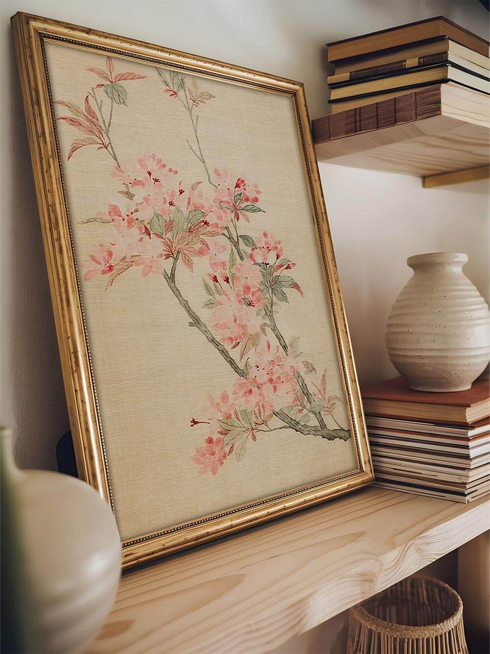 Der gerahmte Vintage Kunstdruck mit rosa Blüten lehnt an einer Wand auf einem Holzregal. Die Illustration fügt sich harmonisch in eine ruhige Japandi-Einrichtung ein.