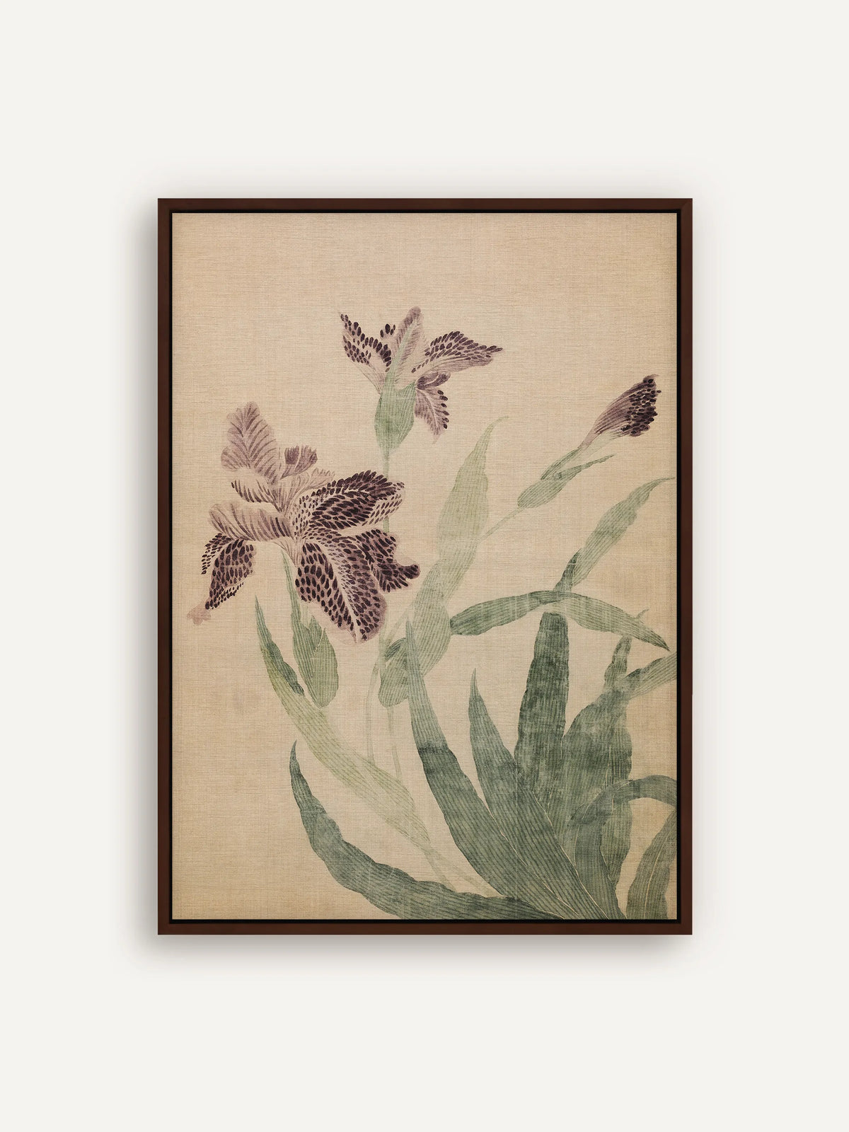 Leinwandbild mit violett gesprenkelten Irisblüten und langen, schwertförmigen Blättern in Grün auf sandfarbenem Grund im Schattenfugenrahmen in Braun. Chinoiserie Wandbild nach Ma Yuanyu. #Rahmen_Braun