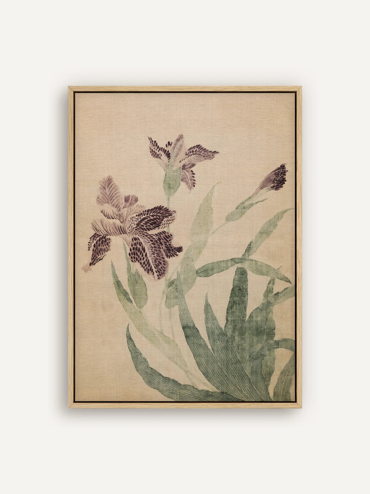Leinwandbild mit violett gesprenkelten Irisblüten und langen, schwertförmigen Blättern in Grün auf sandfarbenem Grund im Schattenfugenrahmen in Natur. Chinoiserie Wandbild nach Ma Yuanyu. #Rahmen_Natur