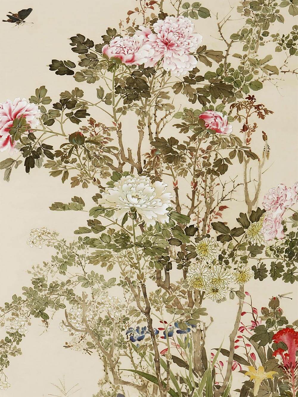 Nahaufnahme des Kunstdrucks mit fein gezeichneten Blüten, Blättern und einem Schmetterling. Die detailreiche Illustration wirkt filigran und poetisch.