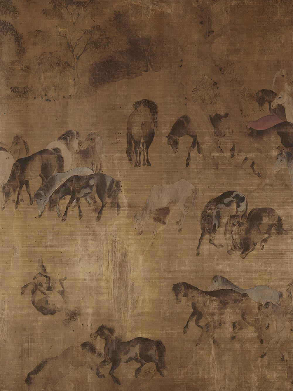 Detail des Wabi-Sabi Kunstdrucks mit antiker Pferdeszene in warmen Braun- und Sepiatönen, sichtbarer Patina, feiner Leinwandtextur und gealterten Farbnuancen, als charaktervolles Wandbild mit authentischer Oberfläche und Vintage-Ästhetik.