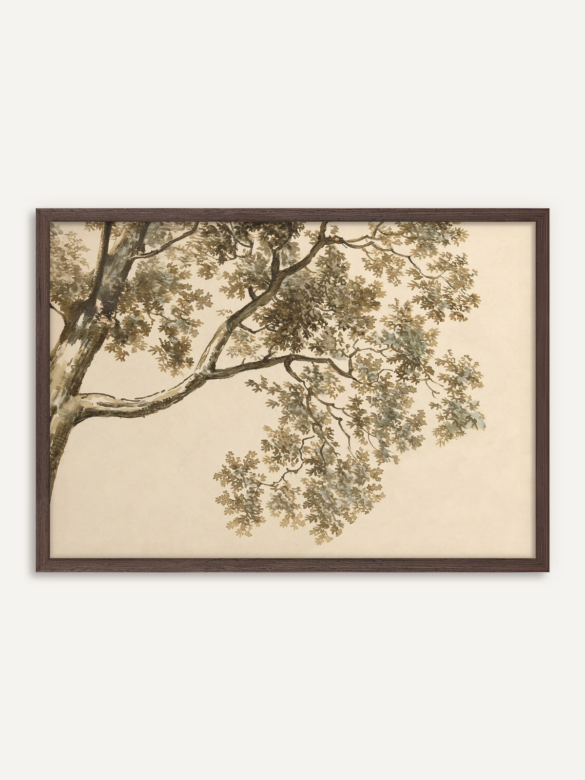 Poster, das einen Baumstamm am linken Rand und einen weit ausladenden Ast mit gelapptem Laub in Sepia und Graublau auf warmem Beige zeigt. Der Rahmen aus dunklem Holz greift die Brauntöne des Stamms auf. #Rahmen_Dunkles Holz