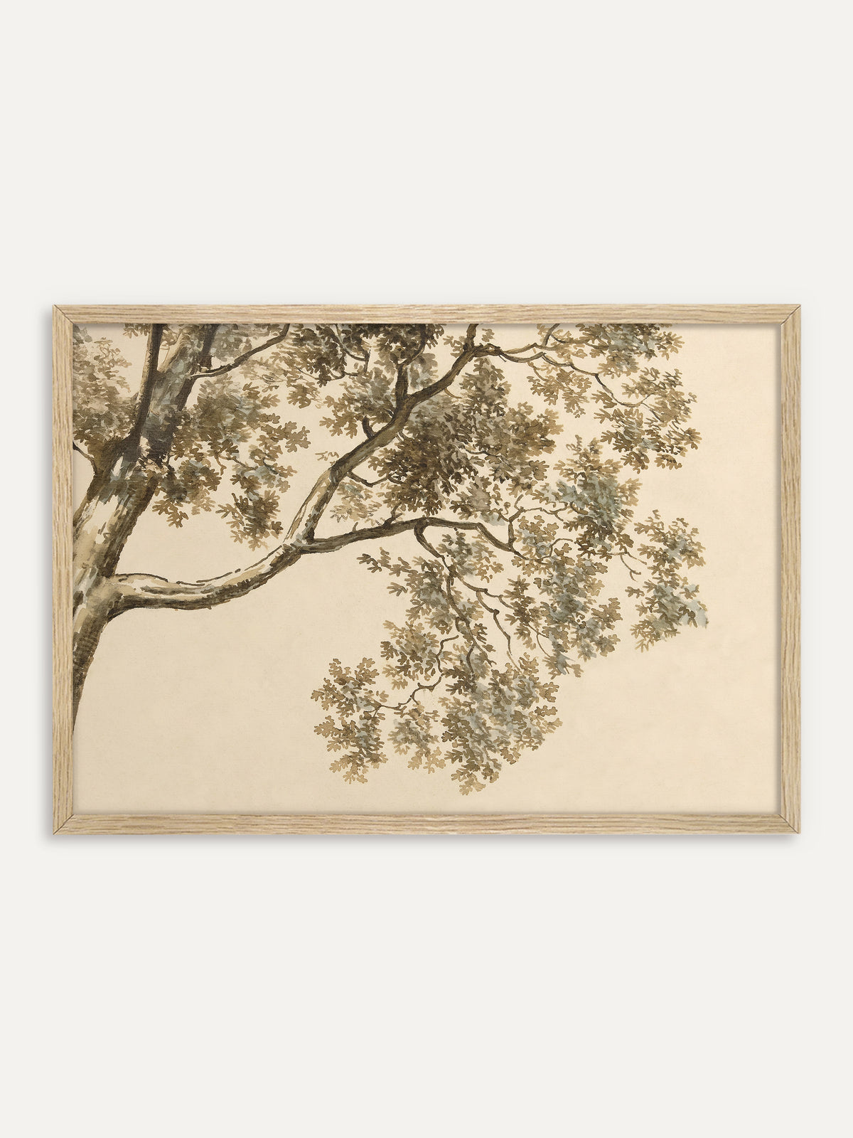 Kunstdruck, der einen Baumstamm am linken Rand und einen weit ausladenden Ast mit gelapptem Laub in Sepia und Graublau auf warmem Beige zeigt. Im Rahmen aus hellem Holz wirkt das Wabi Sabi Motiv leicht und natürlich. #Rahmen_Helles Holz
