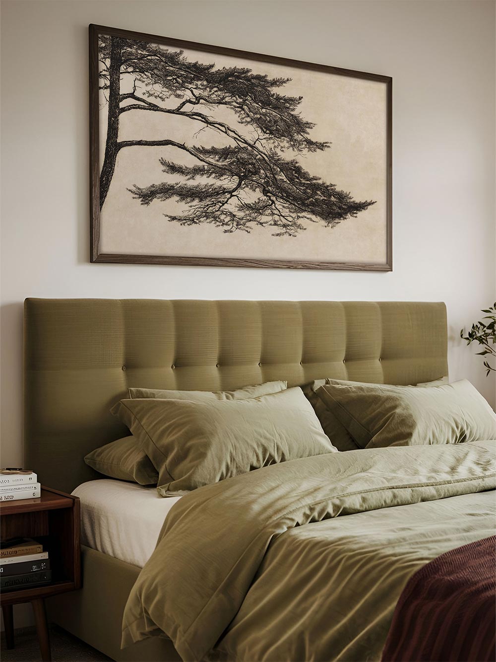 Ein großformatiges Vintage-Poster mit einer feinen Zeichnung eines Pinienbaums, gerahmt über einem eleganten, olivgrünen Bett angebracht. Die Äste der Pinie erstrecken sich sanft über den Raum und ergänzen das minimalistische, beruhigende Schlafzimmerdekor.