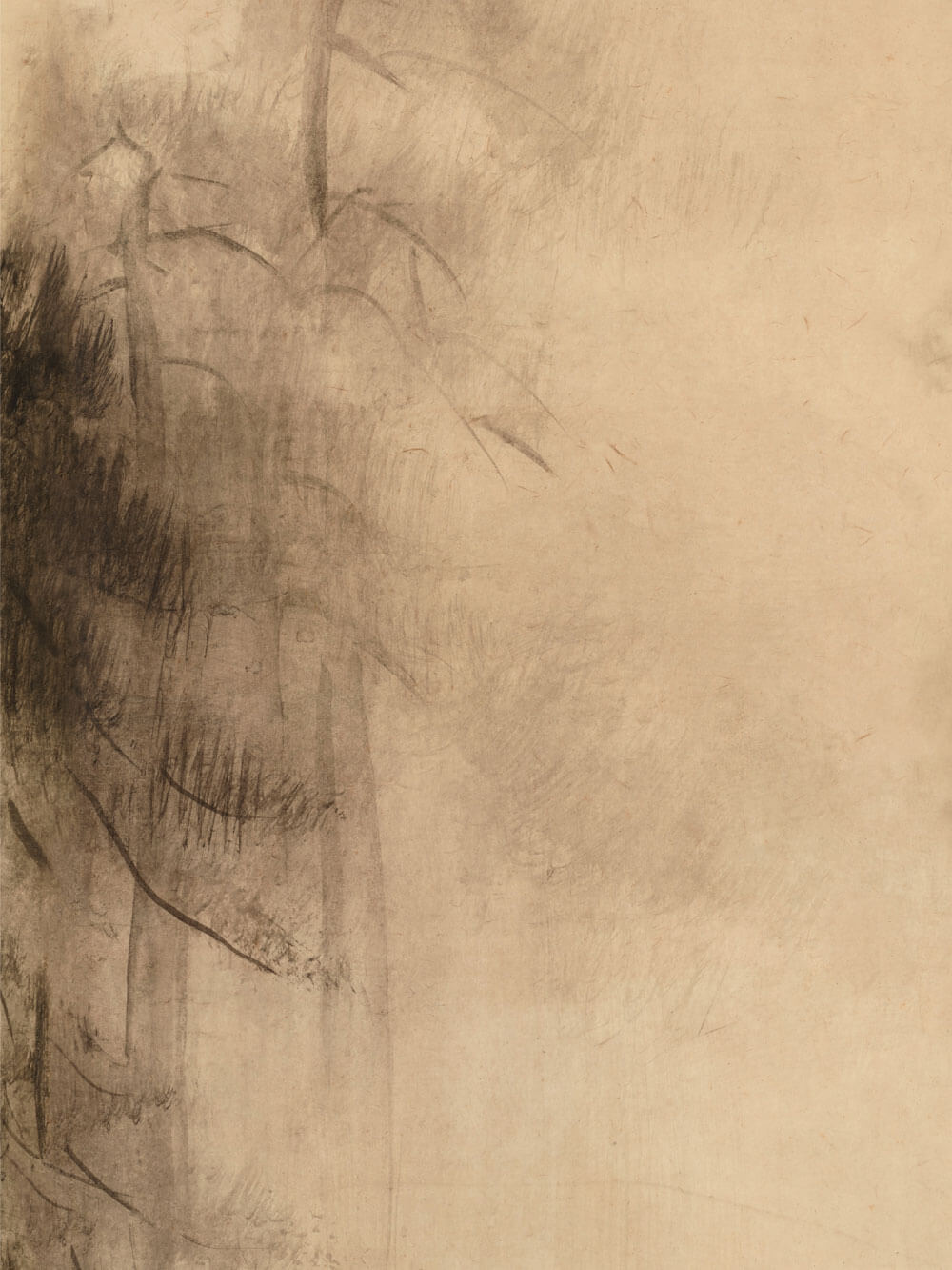 Nahaufnahme eines Wabi-Sabi-Posters von Kiefern im Nebel. Dezente Linien und sanfte Schattierungen vermitteln eine ruhige, zeitlose Atmosphäre.
