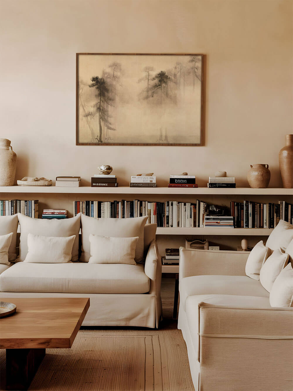 Ein helles Wohnzimmer mit einem wabi-sabi-Kunstdruck einer Kiefernlandschaft, der über einem Bücherregal hängt. Die erdigen Farbtöne des Drucks passen perfekt zu den beigefarbenen Sofas und den dekorativen Elementen im Raum.