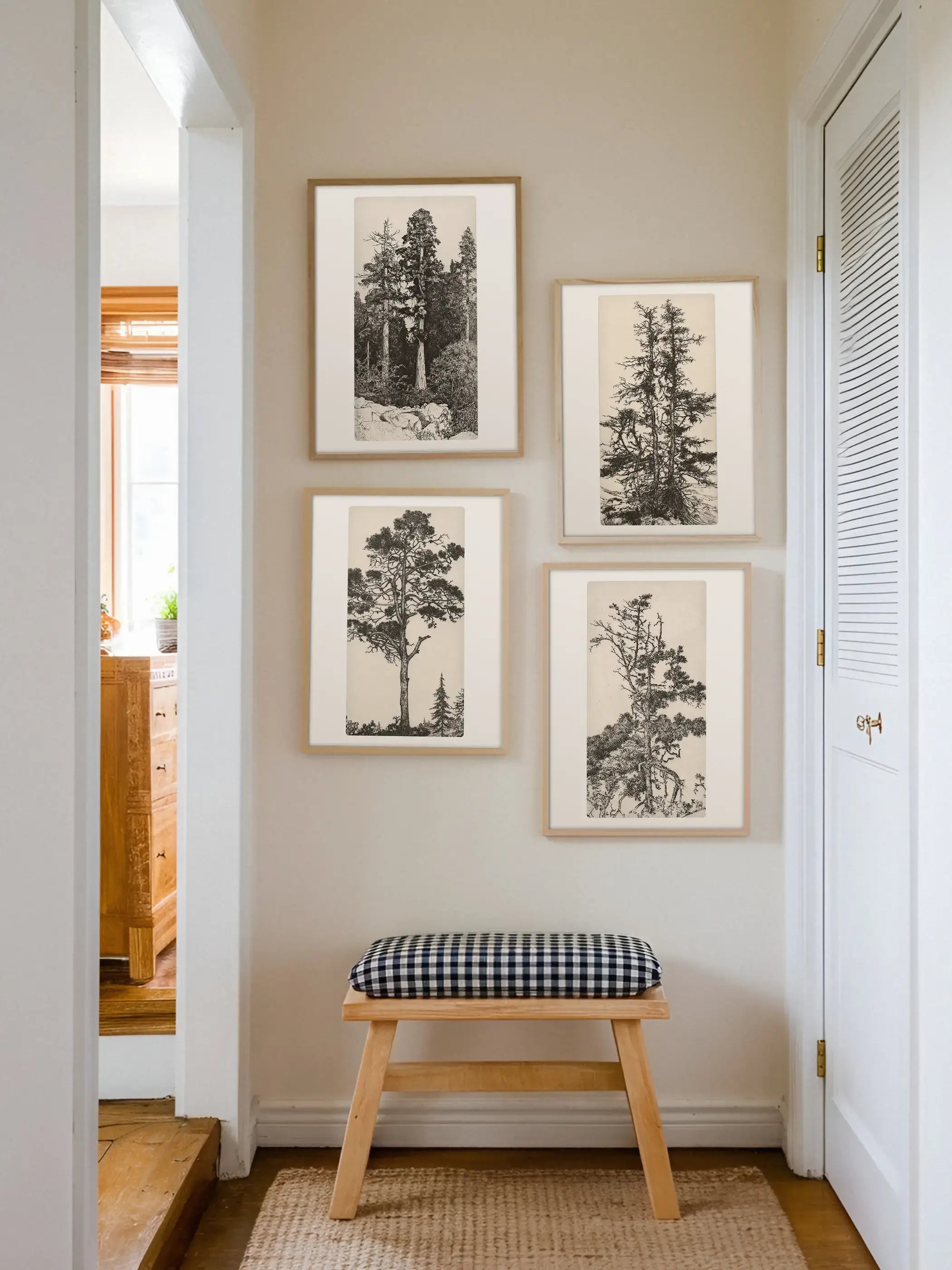 Vier botanische Baumzeichnungen bilden eine ruhige Galerie-Wand im hellen Flur über einer Holzbank. Die monochromen Kunstdrucke schaffen eine natürliche Atmosphäre und passen zu skandinavischer Wohnkultur.