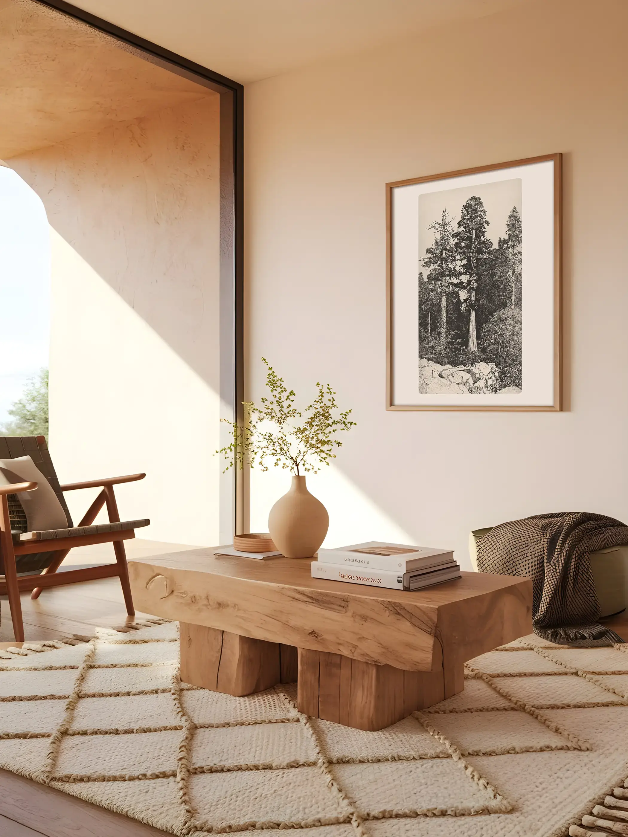 Der schwarzweiße Baumdruck hängt in einem warmen Wohnzimmer über einem massiven Holztisch und setzt einen ruhigen Naturakzent. Die feine Waldzeichnung ergänzt Wabi-Sabi, Japandi und minimalistische Einrichtungen.