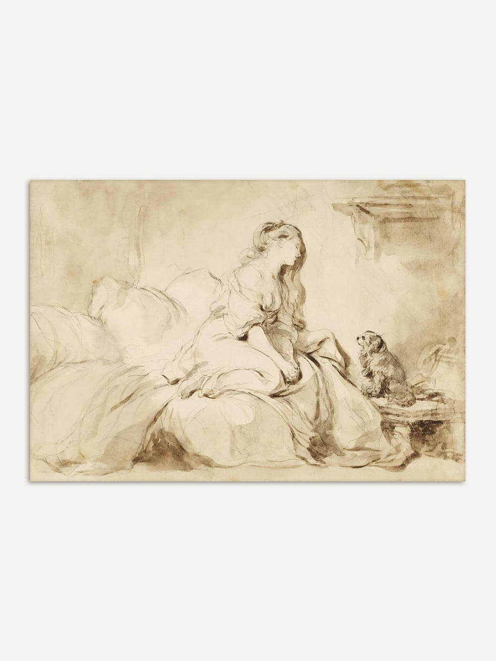 Detailreiche Rokoko-Zeichnung einer eleganten Frau auf einem Bett, die mit einem kleinen Hund interagiert. Warme Sepiatöne und weiche Linien verleihen dem Kunstwerk eine verträumte, nostalgische Atmosphäre. Perfekte Wanddekoration für klassische Interieurs.