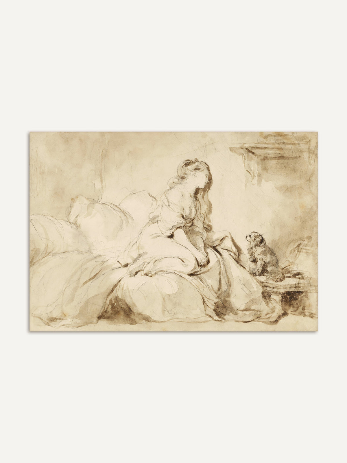 Detailreiche Rokoko-Zeichnung einer eleganten Frau auf einem Bett, die mit einem kleinen Hund interagiert. Warme Sepiatöne und weiche Linien verleihen dem Kunstwerk eine verträumte, nostalgische Atmosphäre. Perfekte Wanddekoration für klassische Interieurs. #Rahmen_Ohne Rahmen