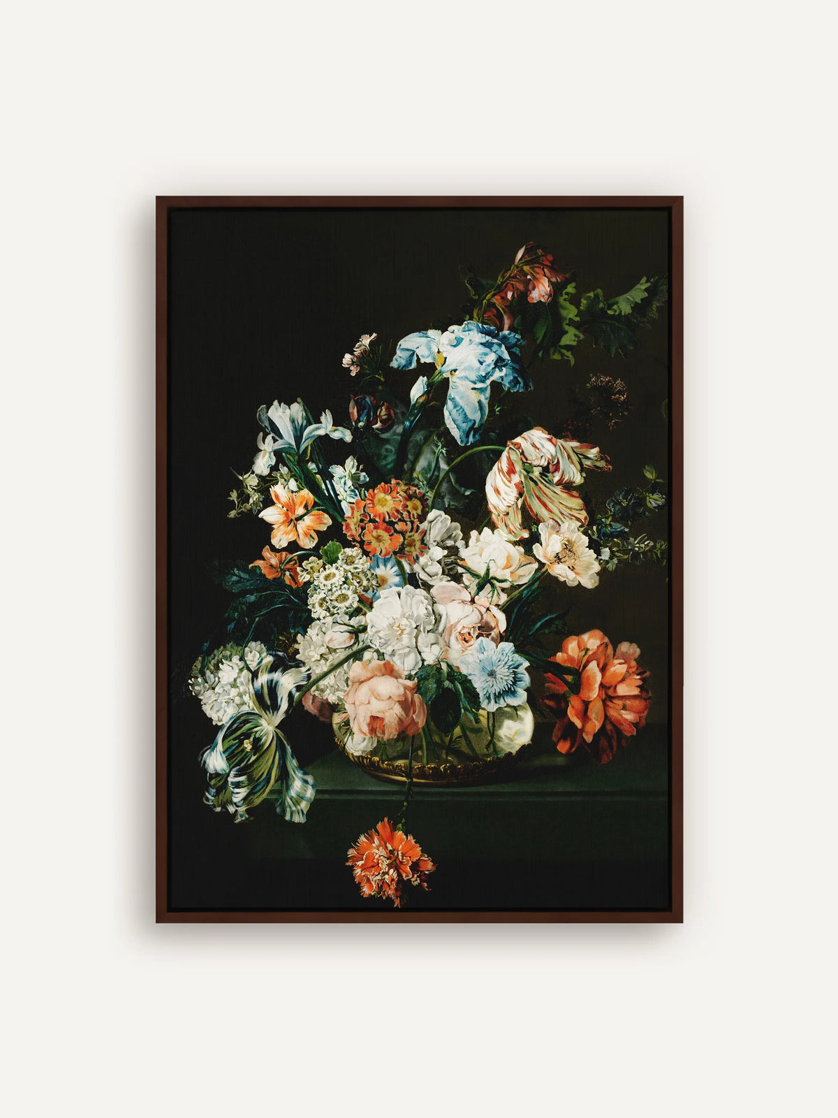 Leinwandbild mit barockem Blumenstrauß im dunkelbraunen Schattenfugenrahmen. Blau-weiße Iris, gestreifte Tulpen, Rosen und eine herabhängende orangerote Nelke leuchten vor dem fast schwarzen Hintergrund. #Rahmen_Braun