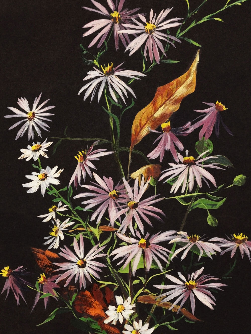 Nahaufnahme eines floralen Kunstdrucks mit lilafarbenen und weißen Gänseblümchen, die auf langen, grünen Stängeln wachsen. Die Blütenblätter sind zart und leicht nach unten geneigt, während einige herbstlich gefärbte Blätter in warmen Orangetönen zwischen den Blumen sichtbar sind. Der dunkle Hintergrund lässt die Farben der Blumen intensiv leuchten und verstärkt den natürlichen, herbstlichen Charakter des Kunstwerks.