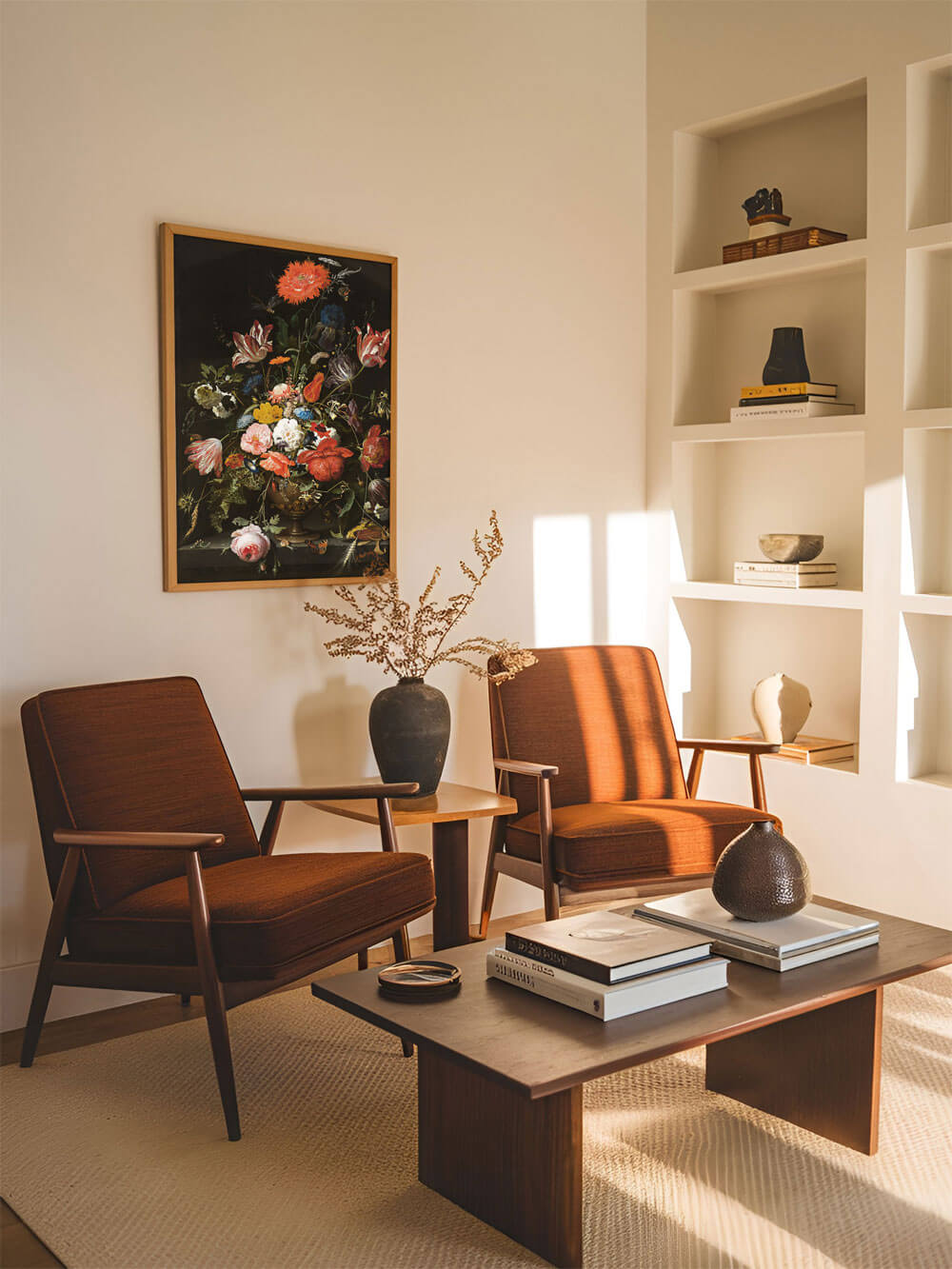 Barocker Blumenstillleben-Druck in einem Holzrahmen, der an einer cremefarbenen Wand eines modernen Wohnzimmers hängt. Kräftige Farben der Blumen wie Rot, Weiß und Blau auf einem dunklen Hintergrund. Die Mid-Century-Sessel in warmem Braun und ein minimalistischer Couchtisch ergänzen die warme und elegante Atmosphäre des Raumes.