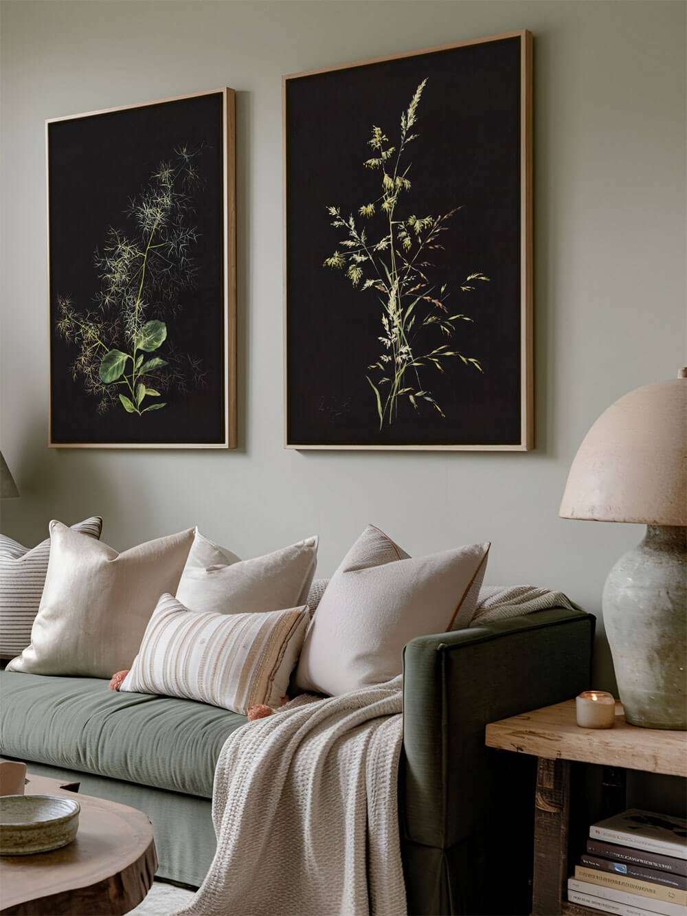 Zwei botanische Poster mit filigranen Gräsern und Pflanzen in neutralen Farben vor einem schwarzen Hintergrund. Beide Drucke sind in minimalistischen Holzrahmen gefasst und verleihen dem hellen, gemütlichen Wohnzimmer mit naturfarbenen Kissen und Decken eine ruhige, elegante Ausstrahlung.