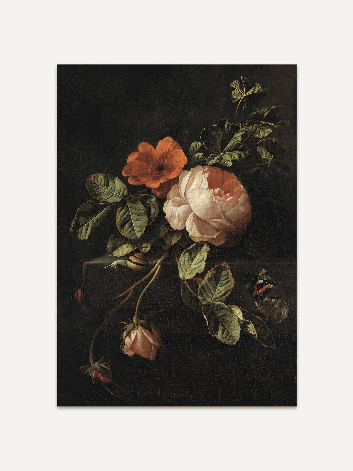 Ein dunkles Stillleben im Barockstil zeigt eine zarte Rosenblüte und eine orangefarbene Blume, umgeben von detaillierten, grünen Blättern vor einem tiefschwarzen Hintergrund. Die dezente Farbpalette und die präzise Darstellung der Pflanzen heben die natürliche Schönheit hervor. Der Kontrast zwischen den warmen Blumentönen und dem dunklen Hintergrund verleiht dem Kunstwerk eine ruhige, nostalgische Stimmung. #Rahmen_Ohne Rahmen