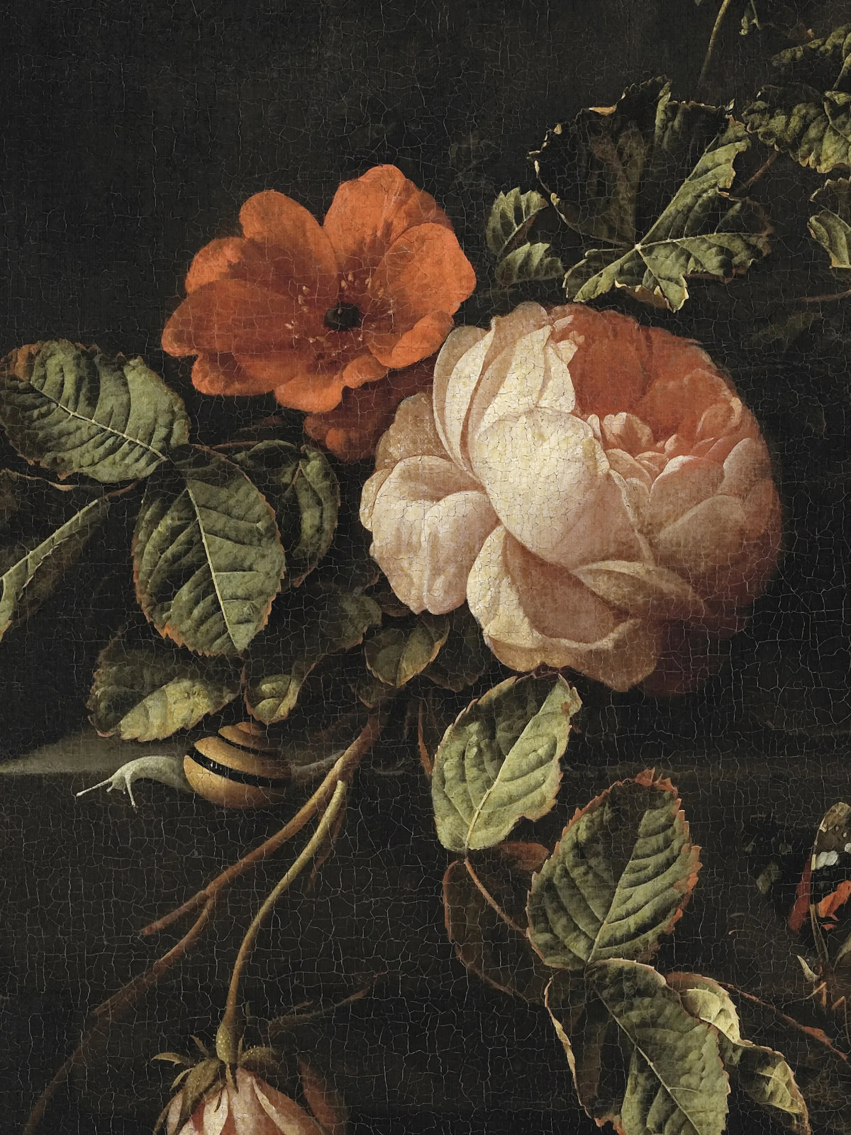 Nahaufnahme der blassrosa Rose und der orangeroten Blüte mit Rosenblättern und Schnecke vor dunklem Grund. Die feinen Risse der gealterten Oberfläche sind auf der Leinwand gut zu erkennen.