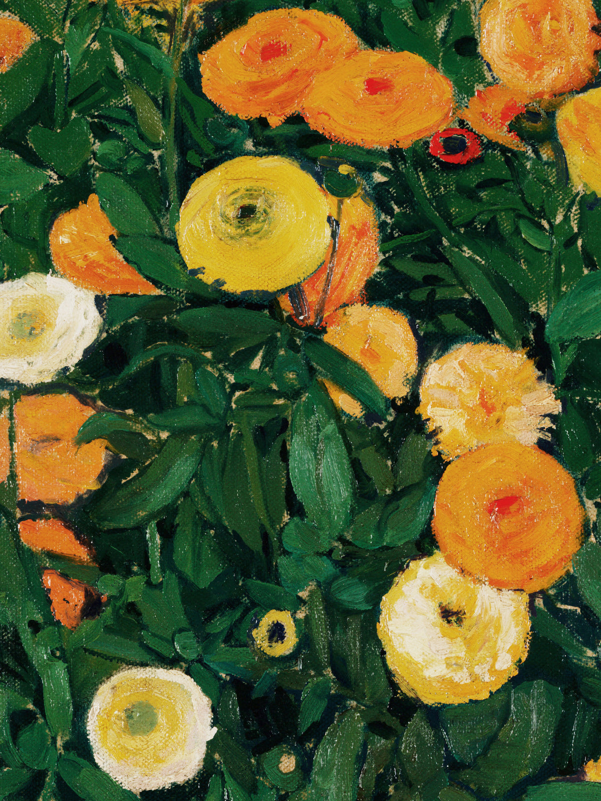 Detailaufnahme des Ringelblumen Kunstdrucks mit gelben, orangen und cremeweißen Blüten zwischen kräftig grünen Blättern, dazu eine kleine rote Knospe. Die dick aufgetragenen, kreisenden Farbstriche geben den Blüten ihre lebendige Form.