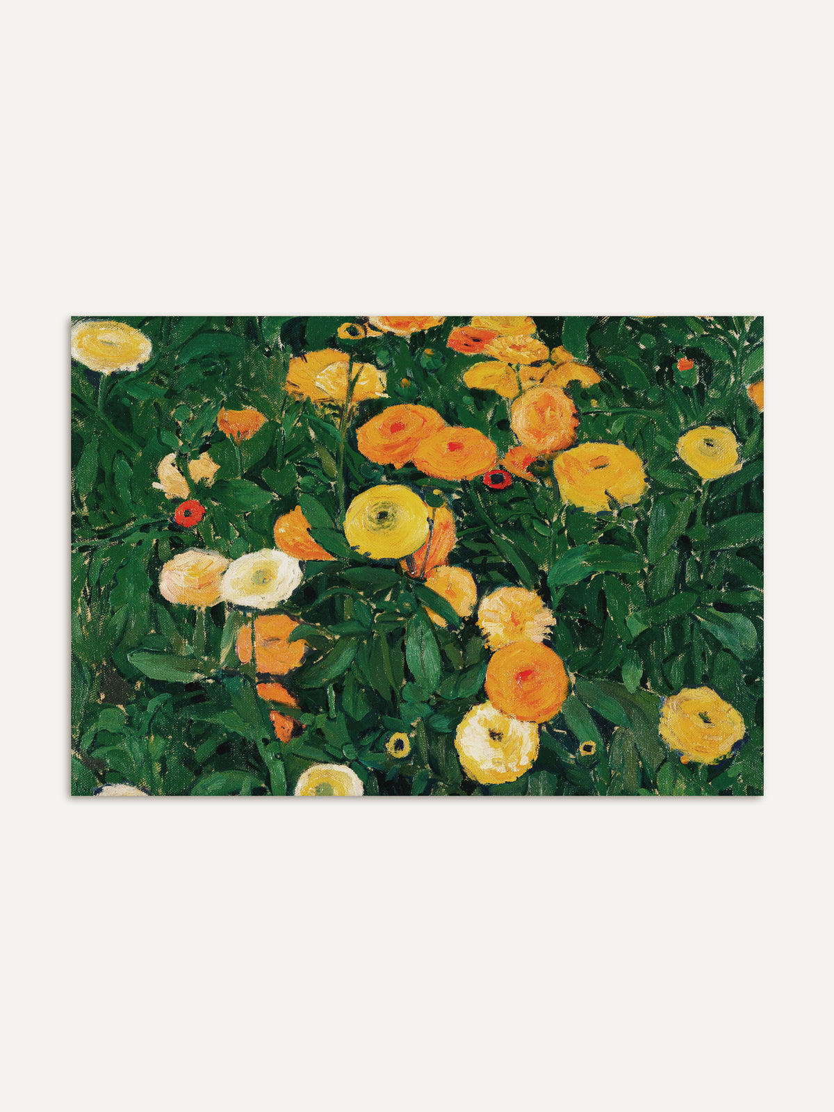 Vintage Kunstdruck mit einem dichten Beet aus Ringelblumen im Querformat, mit orangen, gelben und cremeweißen Blüten zwischen tiefgrünen Blättern. Kleine rote Knospen setzen leuchtende Akzente im üppigen Grün. #Rahmen_Ohne Rahmen