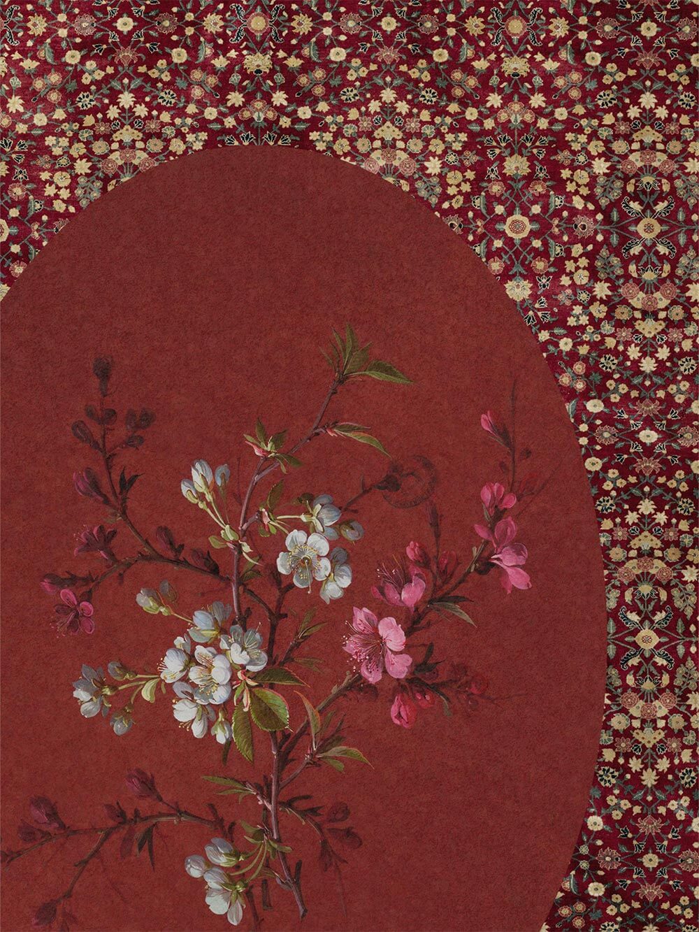 Feine Blütenzweige in Rosa und Weiß auf rotem Grund. Die floralen Details sind filigran gemalt und betonen den botanischen Stil des Kunstdrucks.